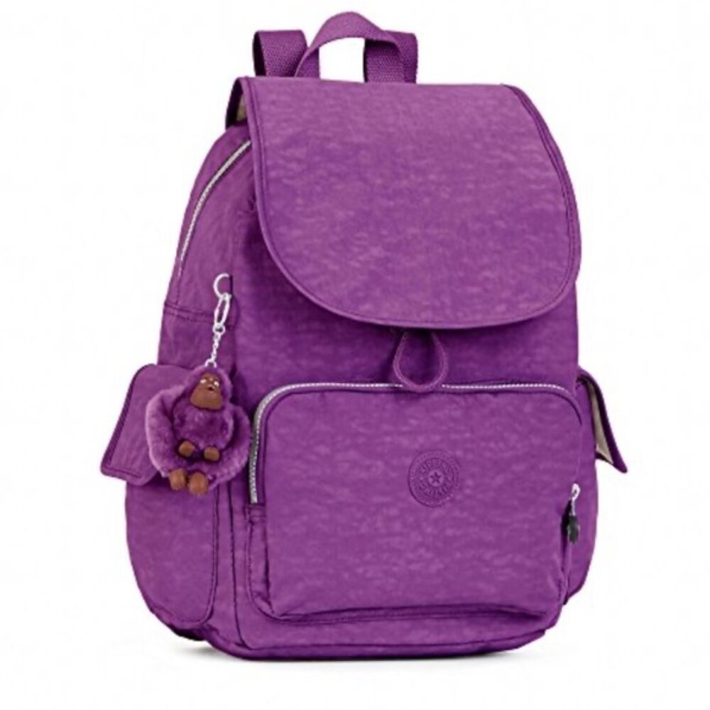 Kipling Ravier Medium Nylon Backpack Bag Pockets Monkey Lightweight Purple Charm